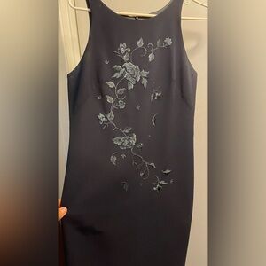 90’s Shelli Segal dress in dark Blue, floral embroidered and lined.